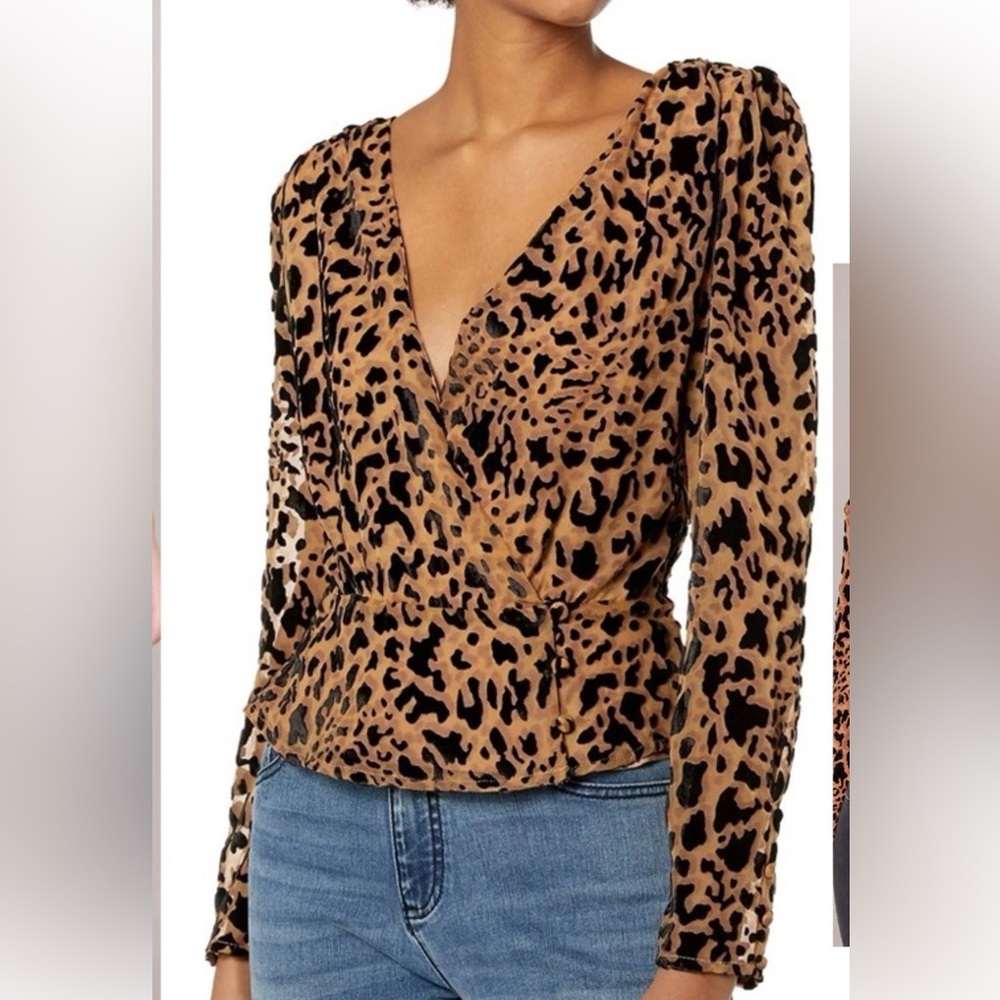 Astr The Label leopard print wrap velvet top in brown/ black size s